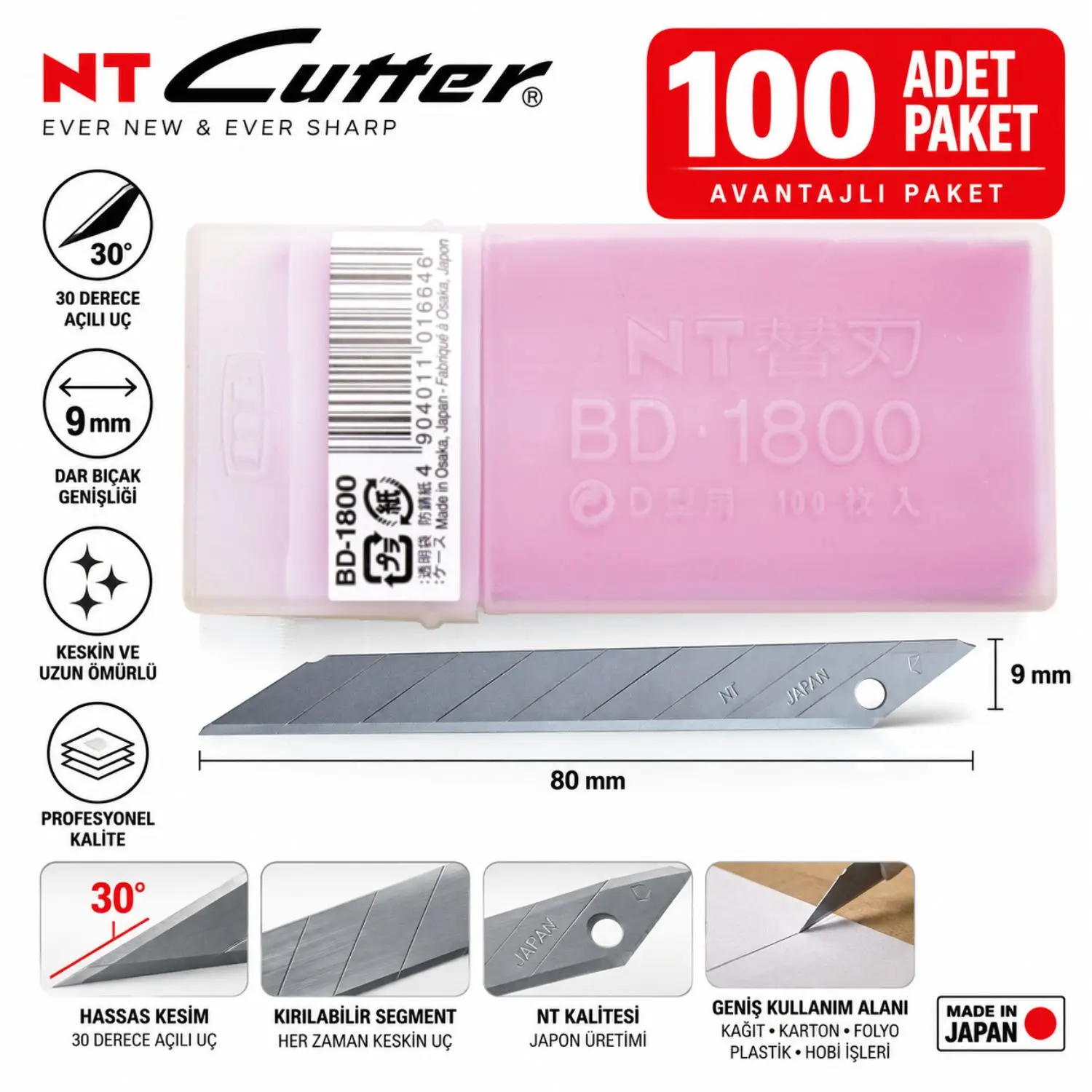 NT Cutter BD-1800 9mm Metal 30 Derece Maket Bıçağı Yedeği