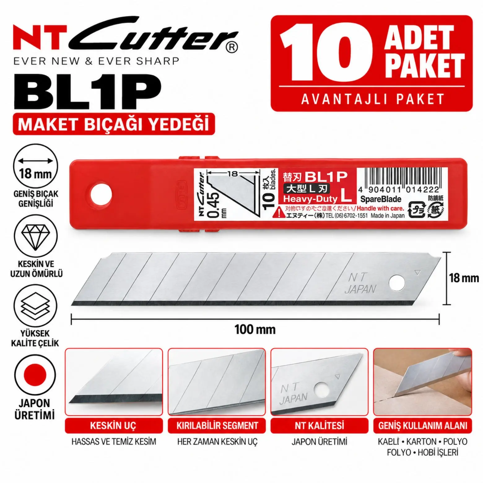 NT Cutter BL-1P-10 18mm Geniş Maket Bıçağı Yedeği 10'lu Paket